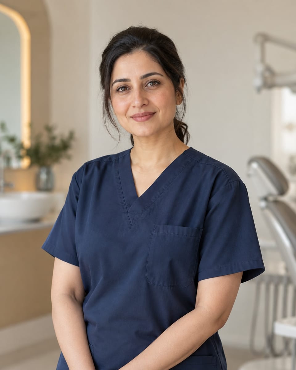AI-generated portrait of a fictional sample clinician, a woman with tied-back dark hair wearing navy scrubs