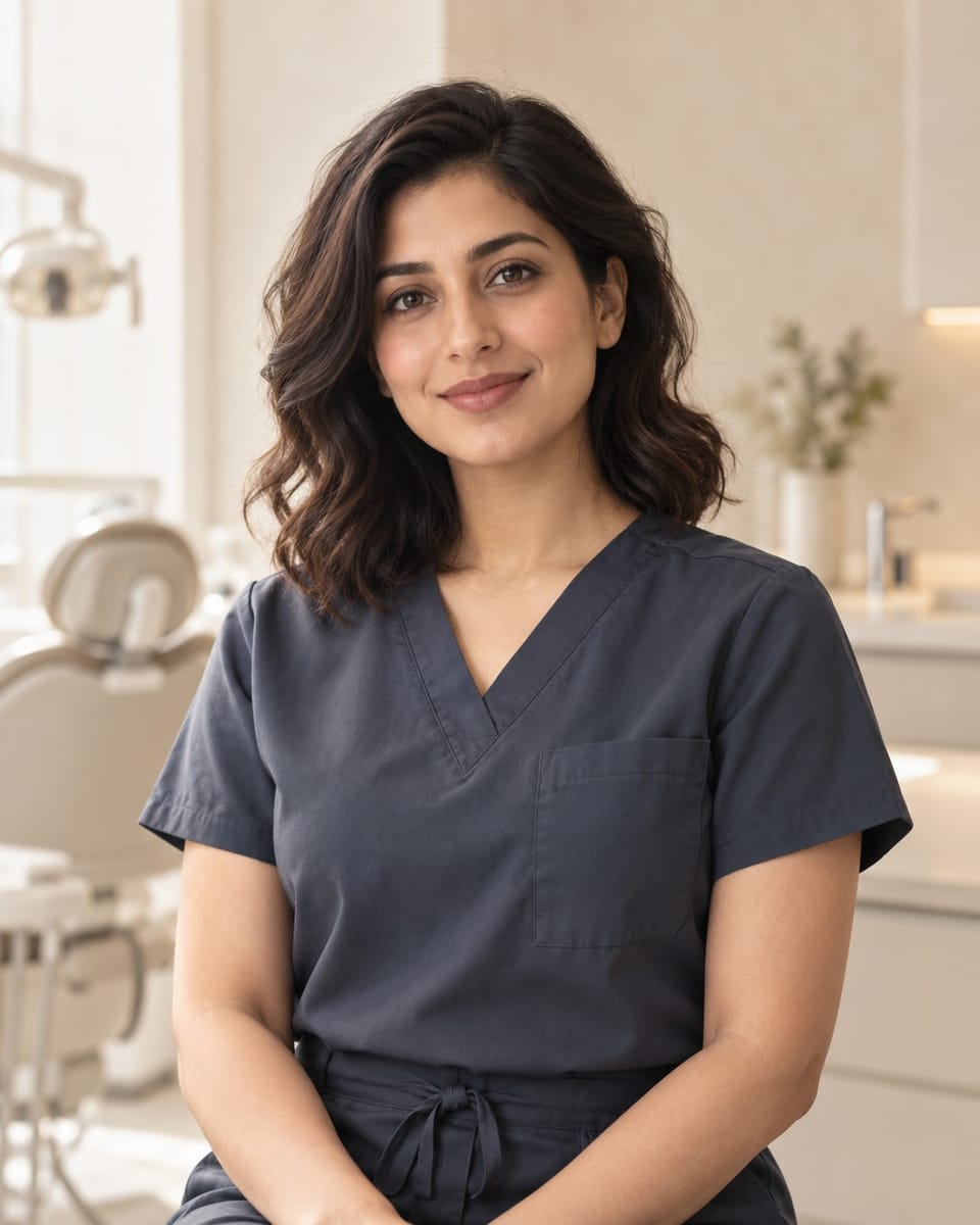 AI-generated portrait of a fictional sample clinician, a woman with wavy dark hair wearing charcoal scrubs